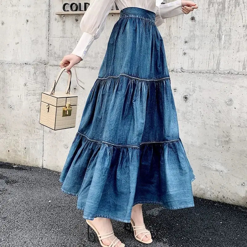 Summer Vintage smocked denim ball gown skirt women elastic waist stitching long cake skirt