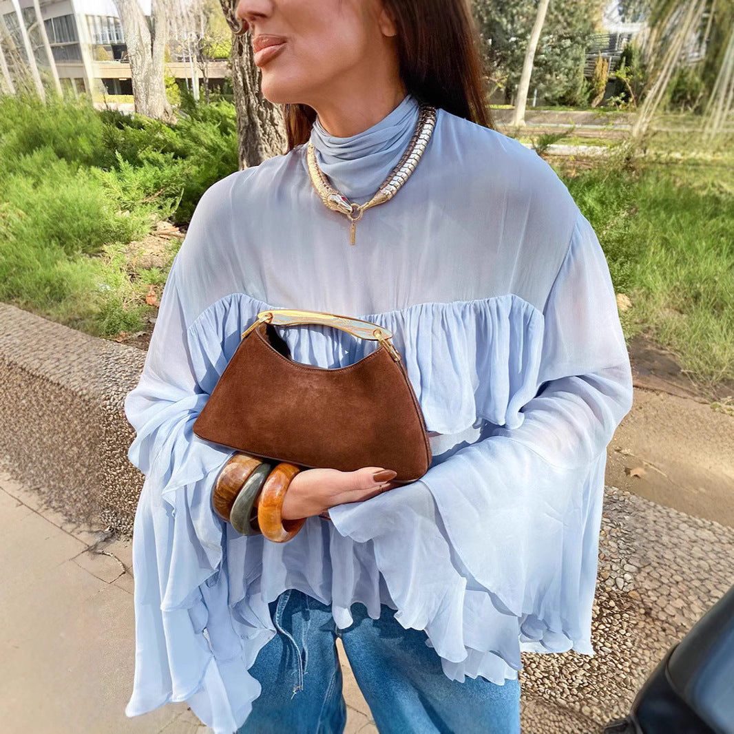 Blue flared sleeve ruffle edge shirt top women's long sleeved shirt
