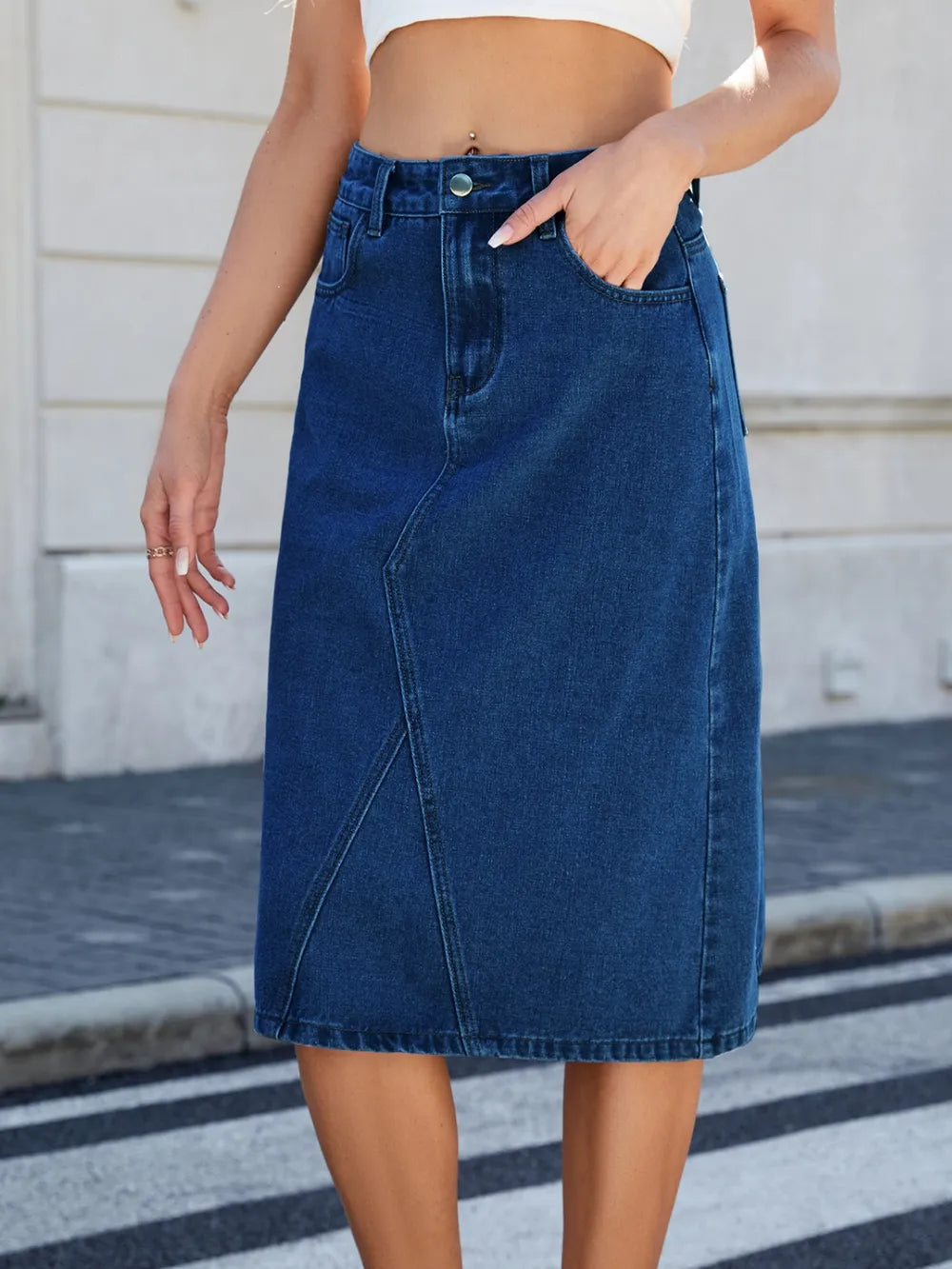 Slit Back Midi Denim Skirt