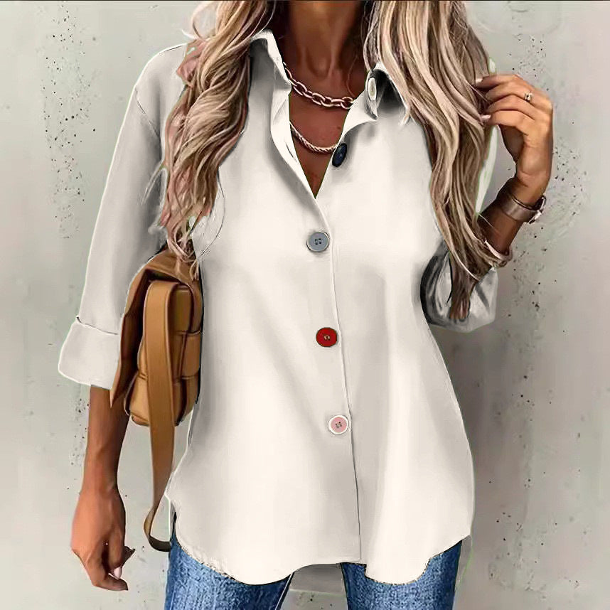 European and American solid color short sleeved fashionable button up shirt top