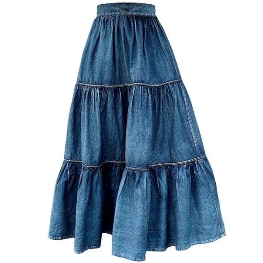 Summer Vintage smocked denim ball gown skirt women elastic waist stitching long cake skirt