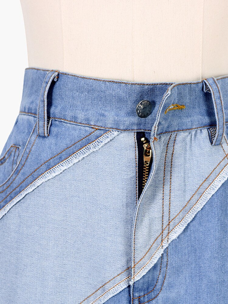 Women's Denim Skirt High Waist Diagonal Patchwork Contrast Color Asymmetric Long Skirts