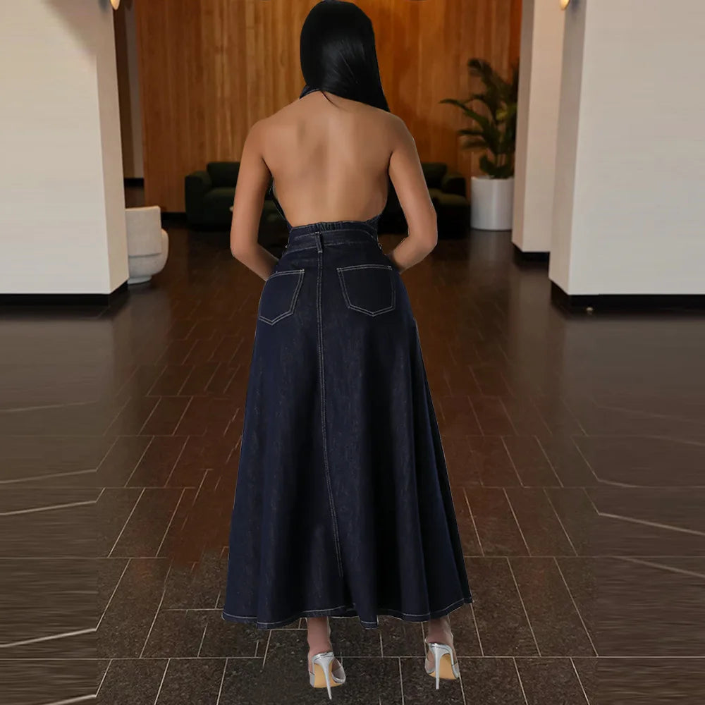 Newly exposed navel and backless washed denim skirt set for women's clothing