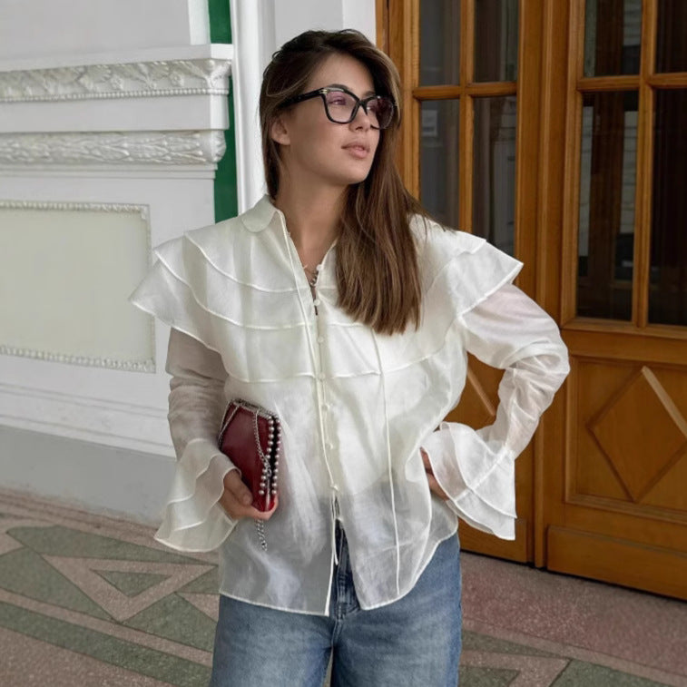 French white ruffled top women's trumpet sleeve Tencel shirt