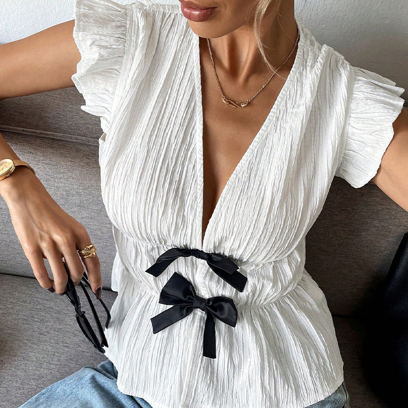 Short sleeved shirt bow cardigan shirt for women