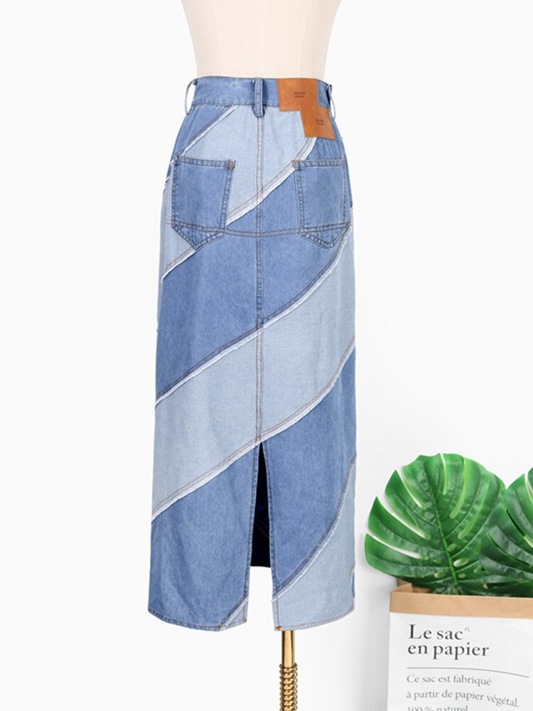 Women's Denim Skirt High Waist Diagonal Patchwork Contrast Color Asymmetric Long Skirts