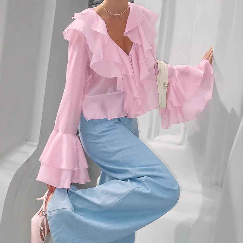 Chiffon ruffle top women's pink V-neck flared sleeve shirt