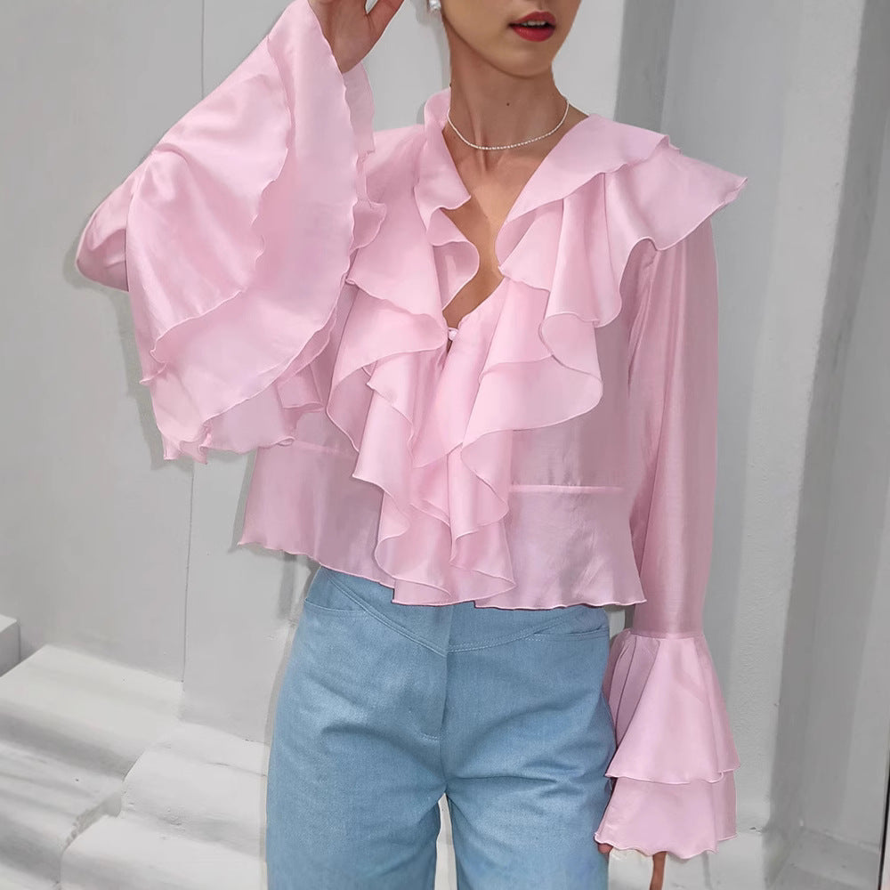 Chiffon ruffle top women's pink V-neck flared sleeve shirt