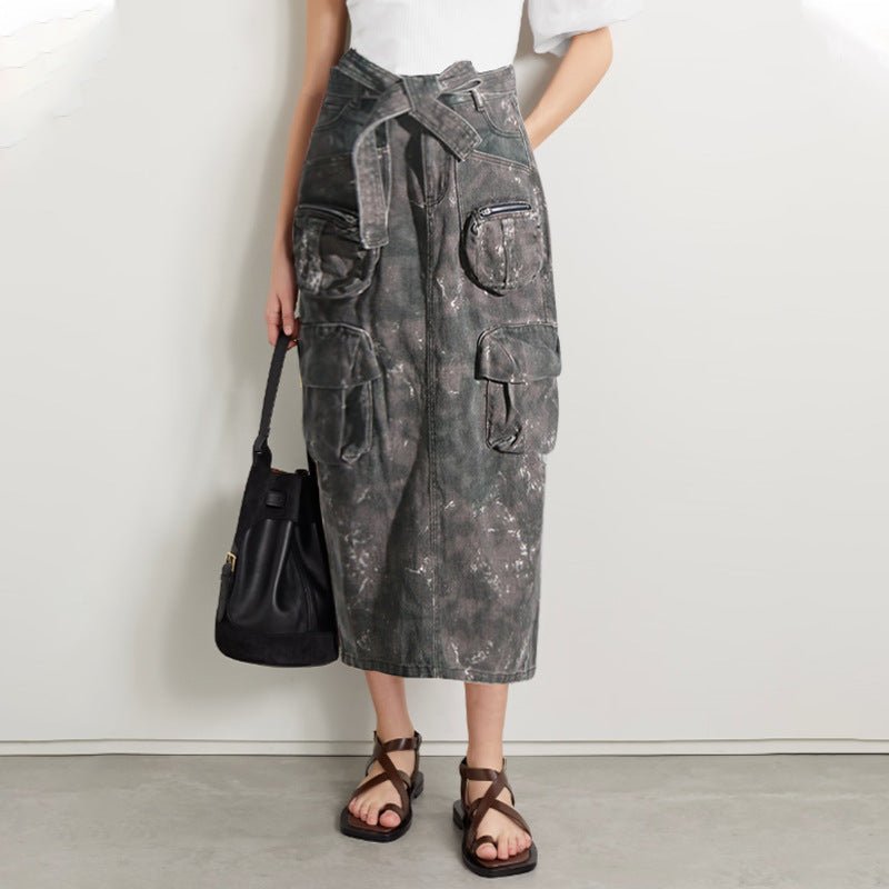 Workwear style long spliced skirt, new camouflage versatile, high-end feeling, hip hugging denim skirt for women