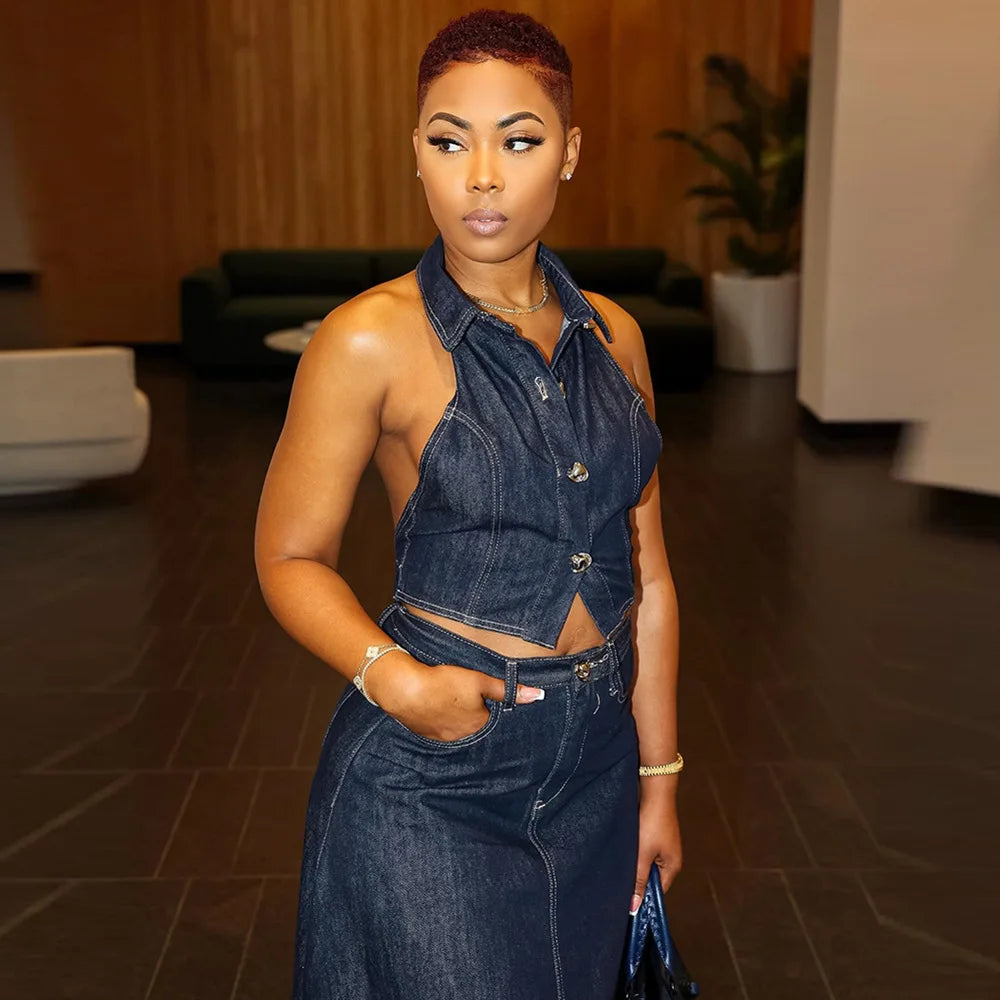 Newly exposed navel and backless washed denim skirt set for women's clothing