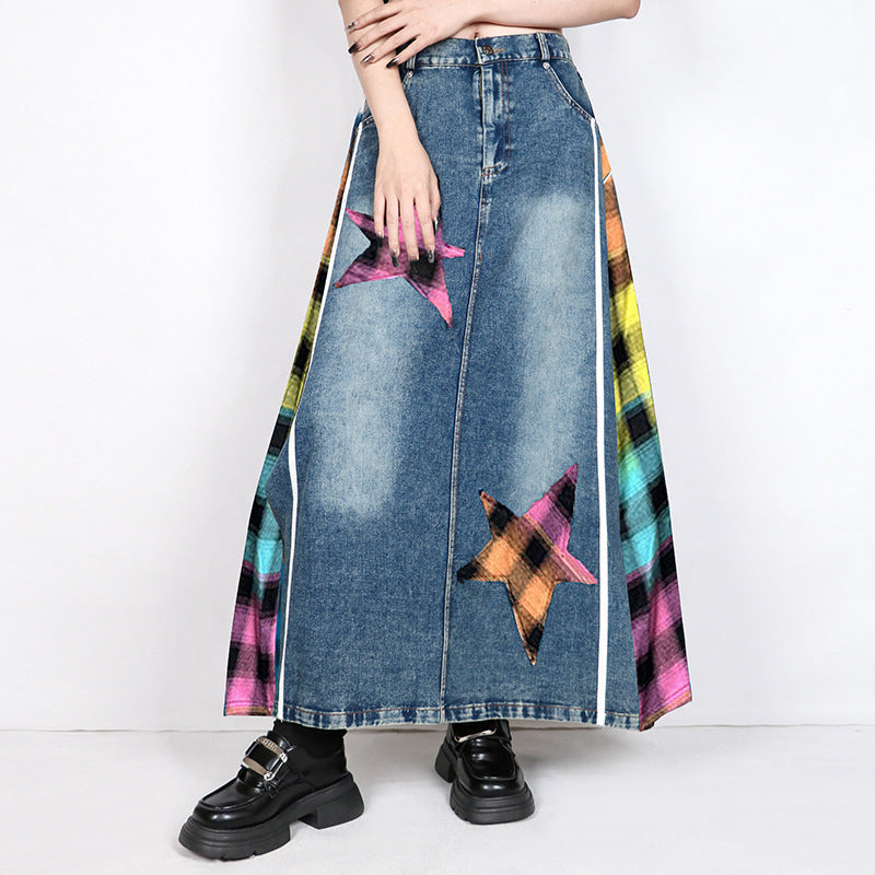 European and American retro plaid high waisted denim skirt loose and street style personalized Hong Kong style A-line skirt
