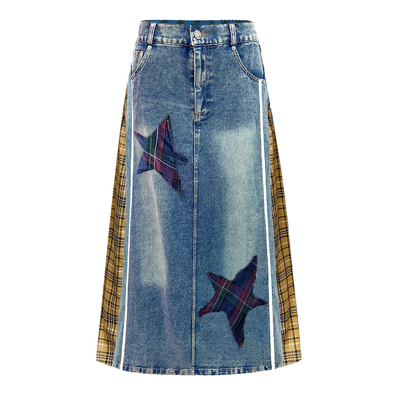 European and American retro plaid high waisted denim skirt loose and street style personalized Hong Kong style A-line skirt