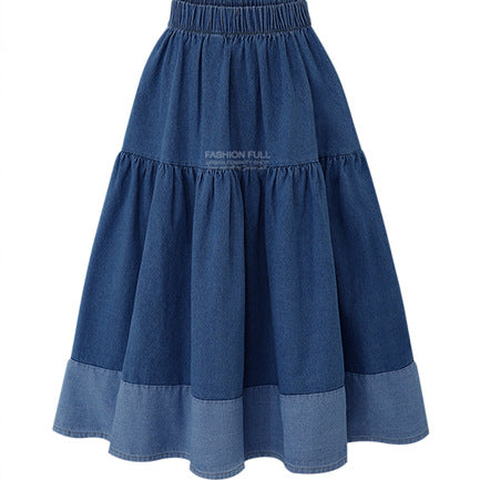 Vintage Long Patchwork Denim Skirt Women Fashion High Waist Retro A-line Jean Skirt Female Blue Midi Skirt Lady