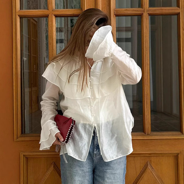 French white ruffled top women's trumpet sleeve Tencel shirt