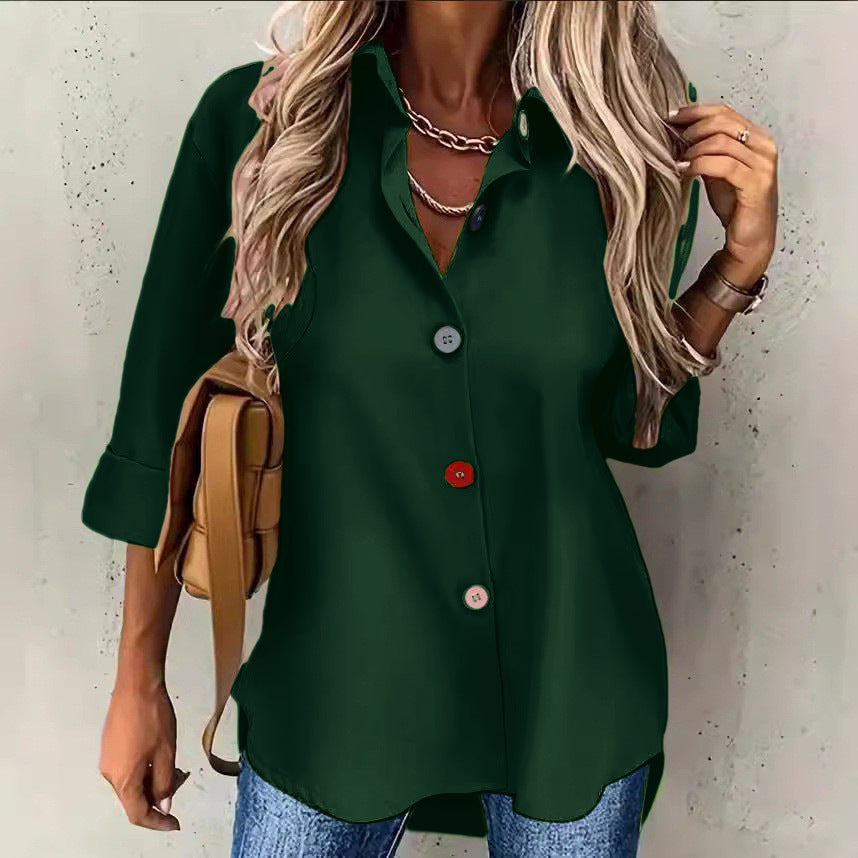 European and American solid color short sleeved fashionable button up shirt top