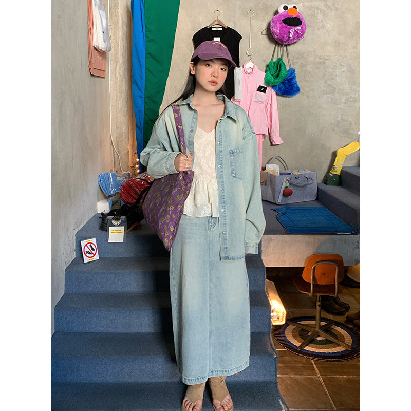 Vintage washed vintage high waisted straight leg denim skirt for women