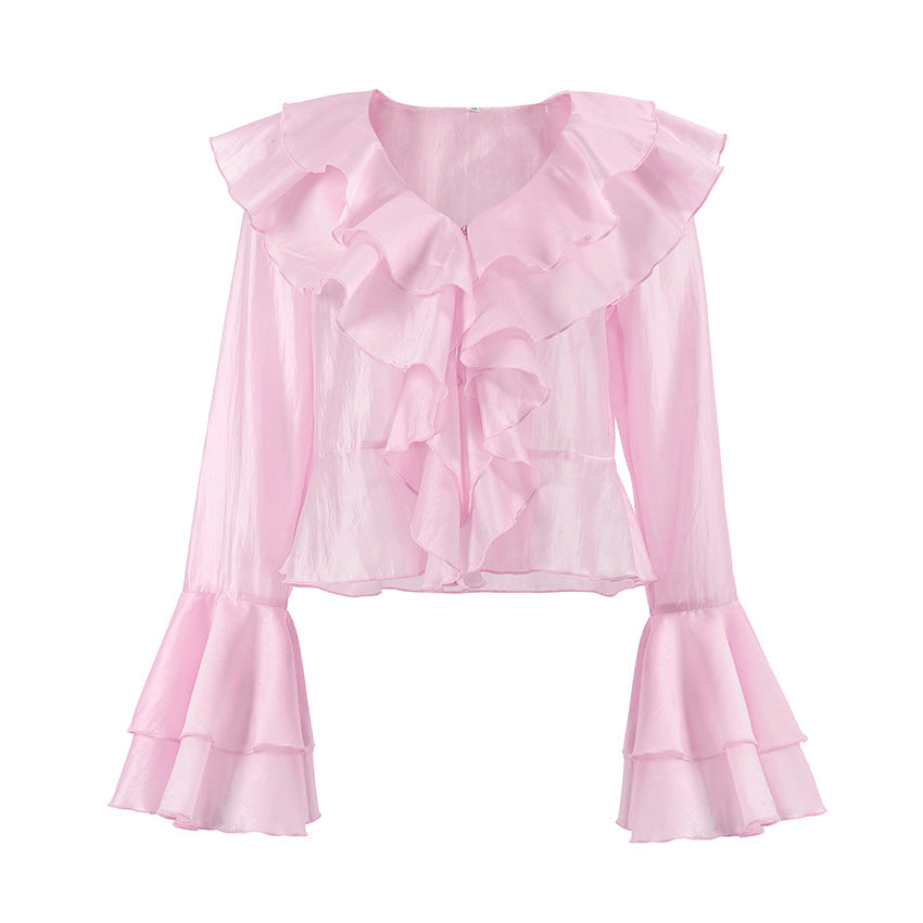 Chiffon ruffle top women's pink V-neck flared sleeve shirt