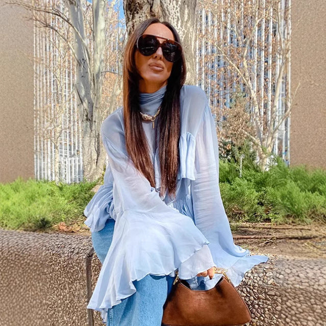 Blue flared sleeve ruffle edge shirt top women's long sleeved shirt