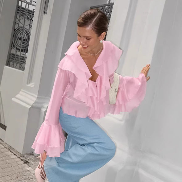 Chiffon ruffle top women's pink V-neck flared sleeve shirt
