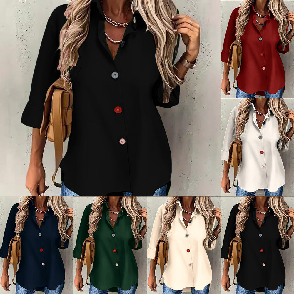 European and American solid color short sleeved fashionable button up shirt top