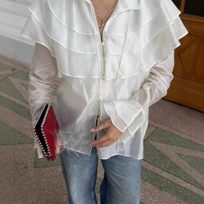 French white ruffled top women's trumpet sleeve Tencel shirt