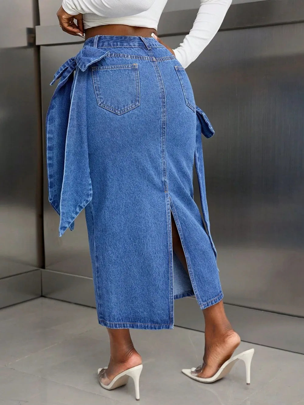 Bow Slit Back Denim Skirt