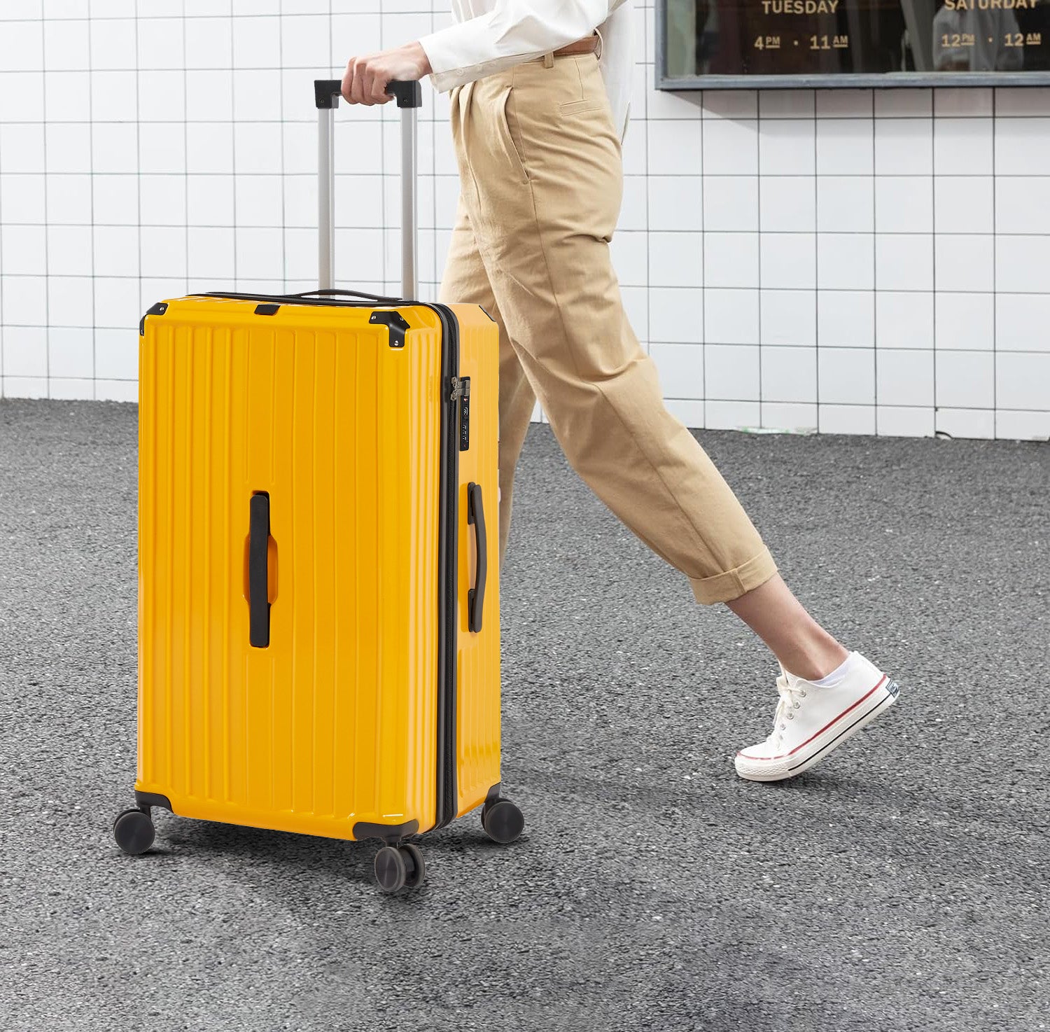 Luggage Set 4 pcs (20"/24"/29"/Travel Bag), PC+ABS Durable Lightweight Luggage with Collapsible Cup Holder TSA Lock, Yellow