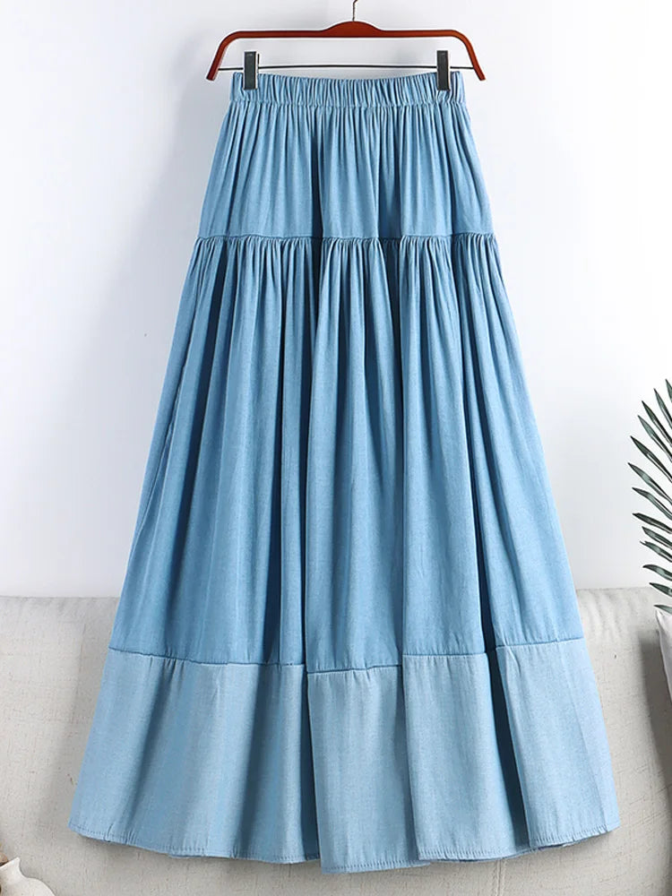 Vintage Long Patchwork Denim Skirt Women Fashion High Waist Retro A-line Jean Skirt Female Blue Midi Skirt Lady