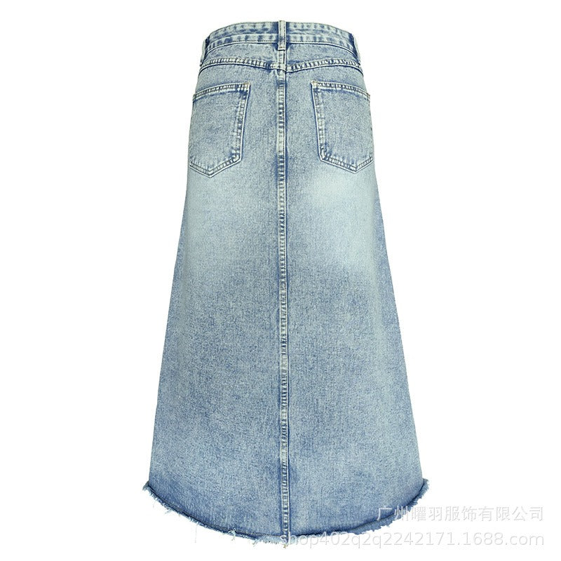 Vintage Denim Skirt Women's A-line  Spring Dress New Retro Blue High Waist Slim Mid Length Dress Skirt Street Women Dresses
