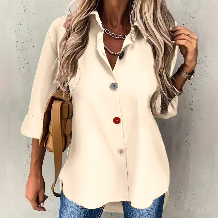 European and American solid color short sleeved fashionable button up shirt top