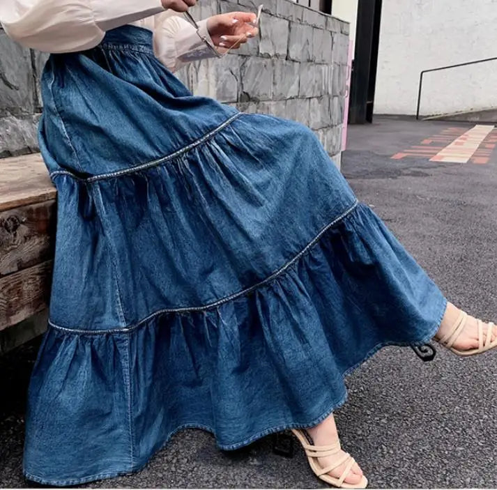 Summer Vintage smocked denim ball gown skirt women elastic waist stitching long cake skirt