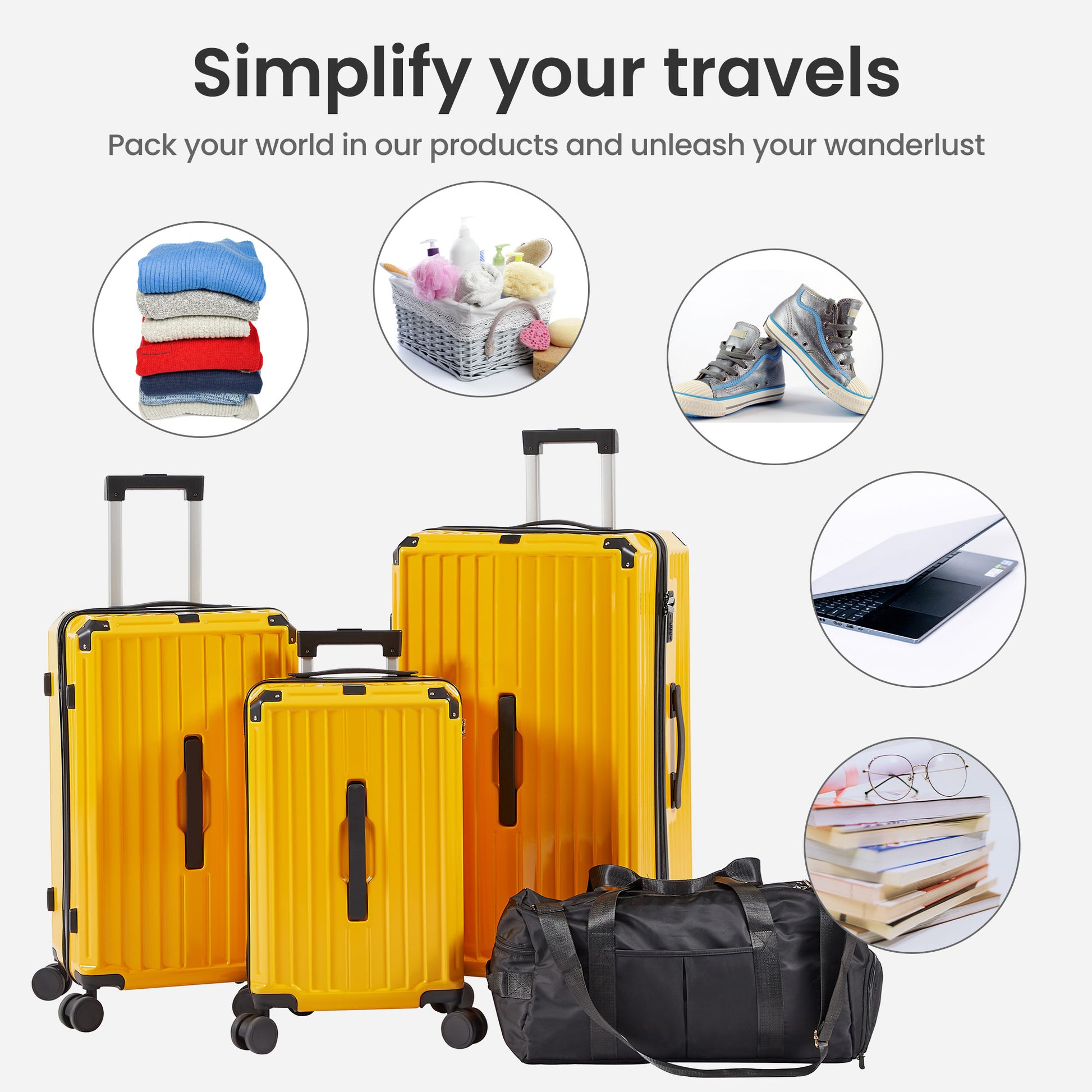 Luggage Set 4 pcs (20"/24"/29"/Travel Bag), PC+ABS Durable Lightweight Luggage with Collapsible Cup Holder TSA Lock, Yellow