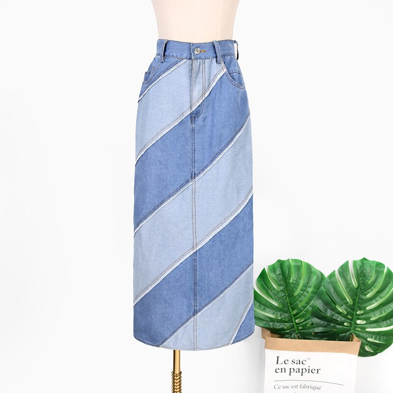 Women's Denim Skirt High Waist Diagonal Patchwork Contrast Color Asymmetric Long Skirts