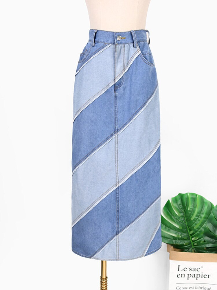 Women's Denim Skirt High Waist Diagonal Patchwork Contrast Color Asymmetric Long Skirts