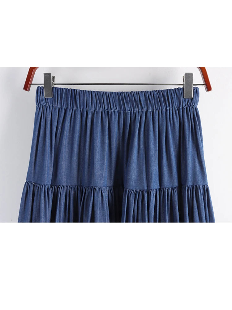 Vintage Long Patchwork Denim Skirt Women Fashion High Waist Retro A-line Jean Skirt Female Blue Midi Skirt Lady