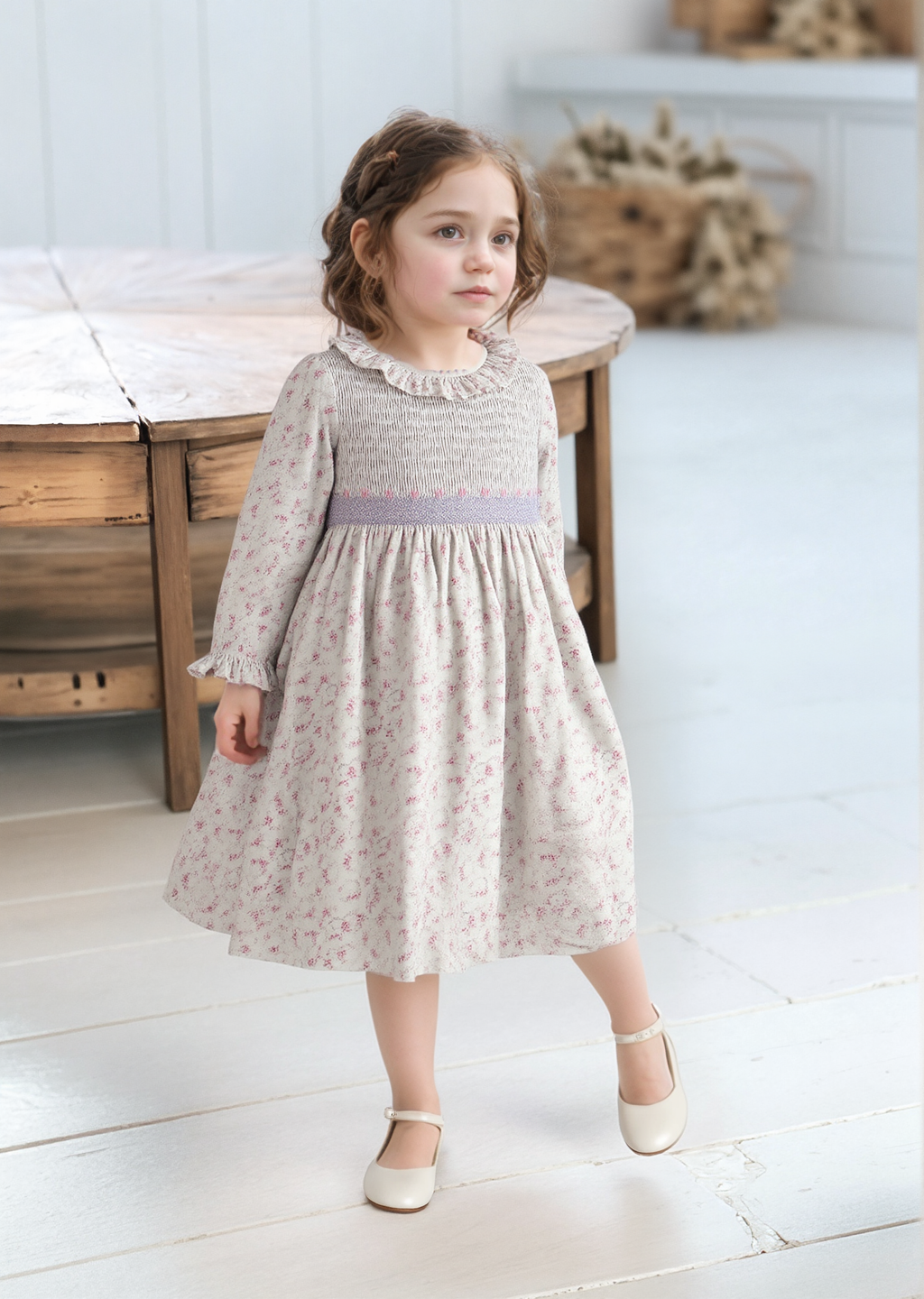 Floral Heirloom Smocked Long Sleeve Dress
