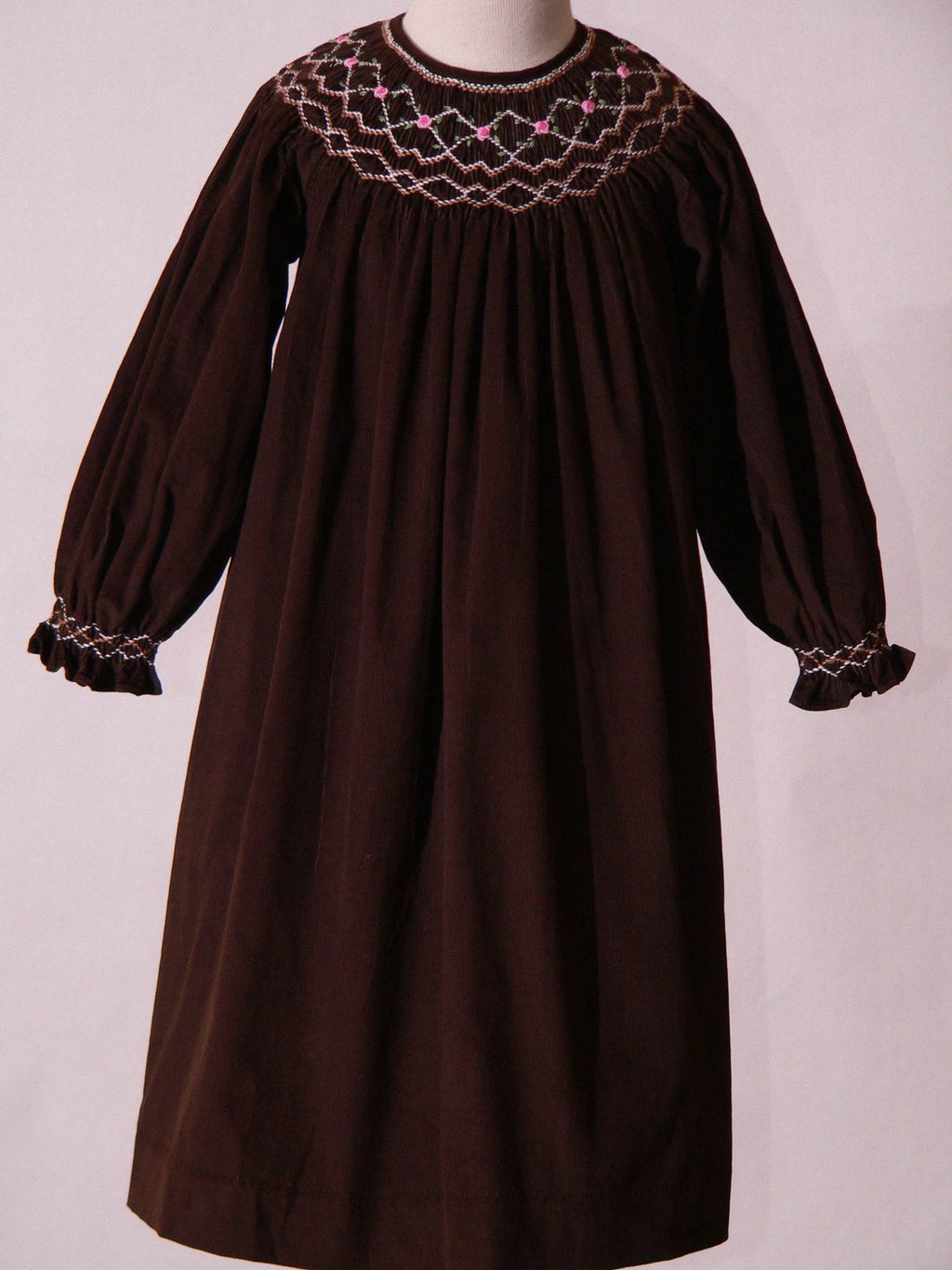 Chocolate Brown Corduroy Geo Smocked Bishop Dress