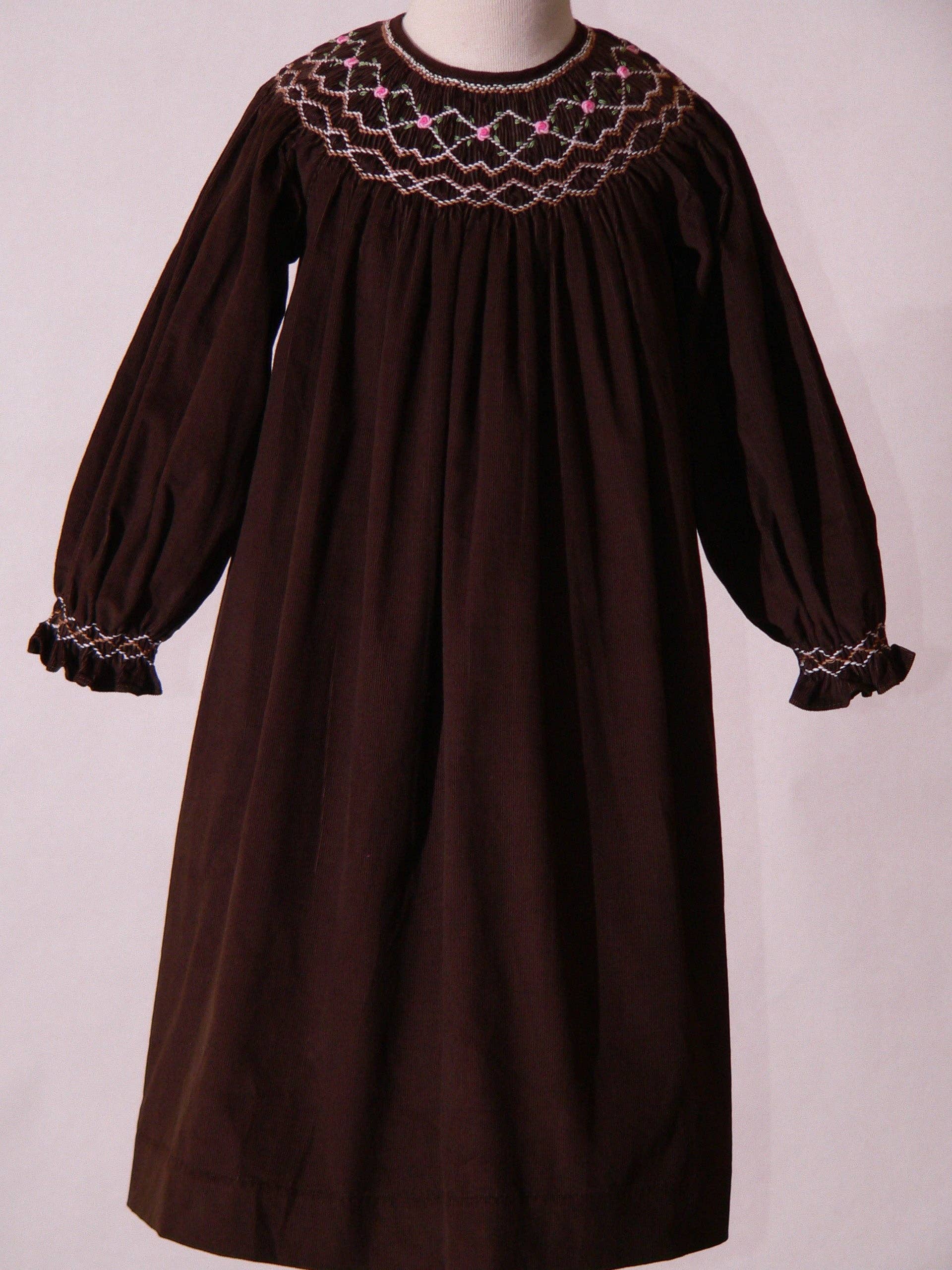 Chocolate Brown Corduroy Geo Smocked Bishop Dress