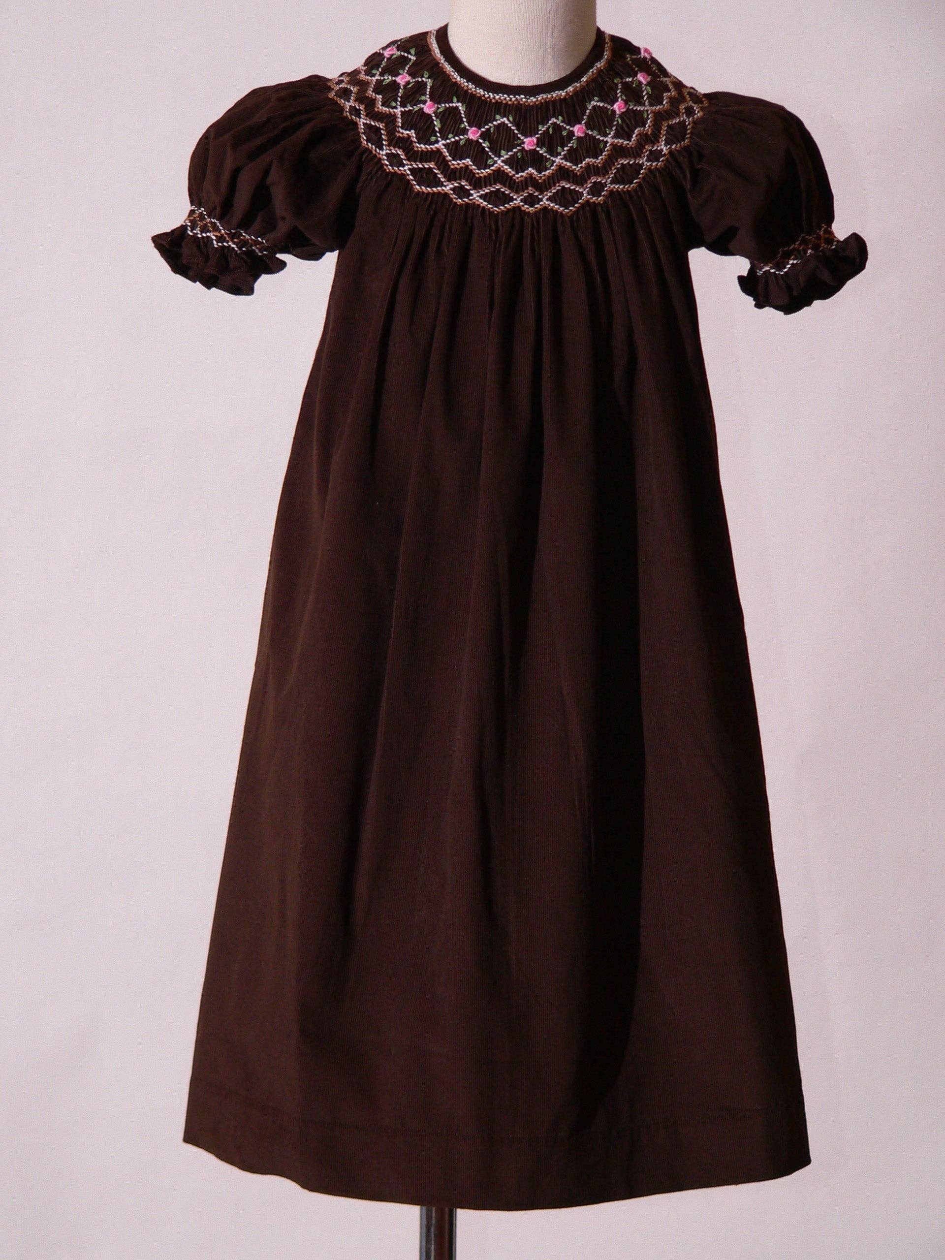 Chocolate Brown Corduroy Geo Smocked Bishop Dress